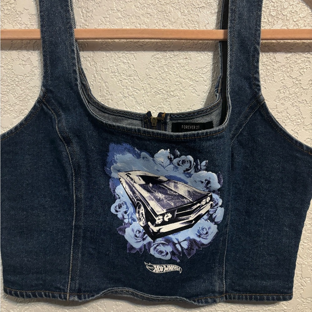 Denim Crop Top with Hot Wheels Car Graphic